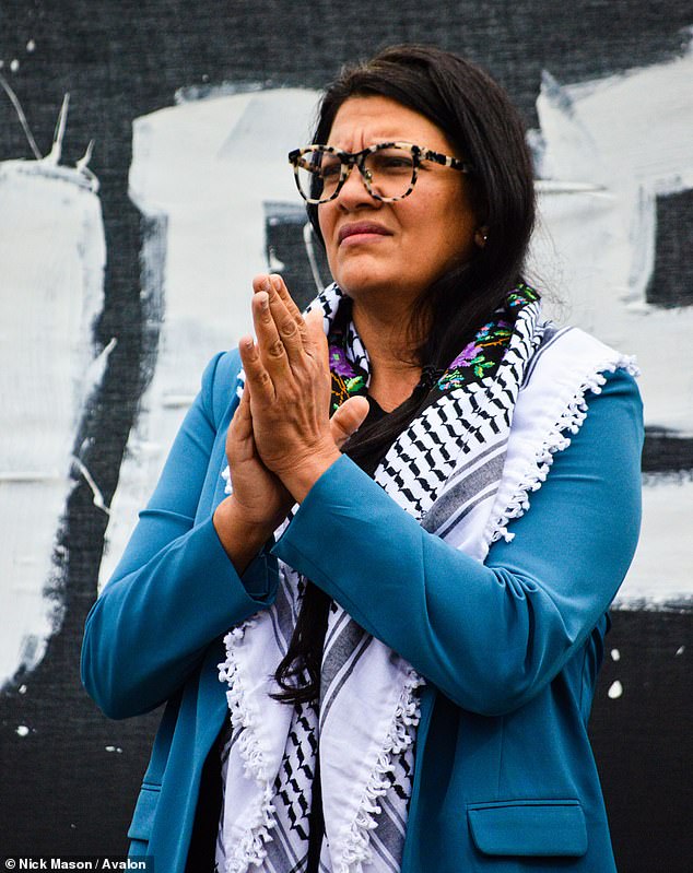 Tlaib, wearing a keffiyeh, watches her colleague Cori Bush speak to protesters on the National Mall