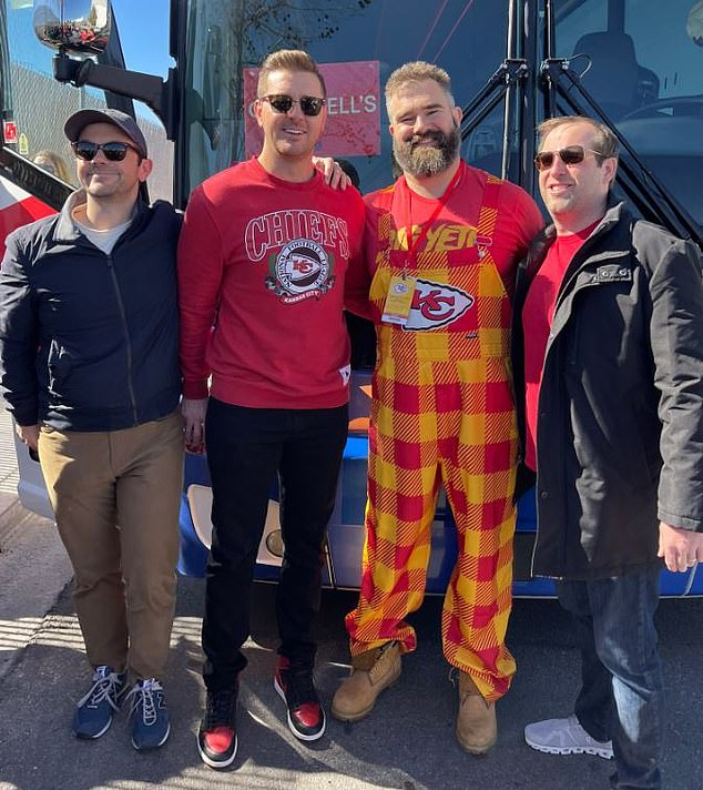 Travis's brother Jason Kelce wears a red and yellow jumpsuit for the Super Bowl