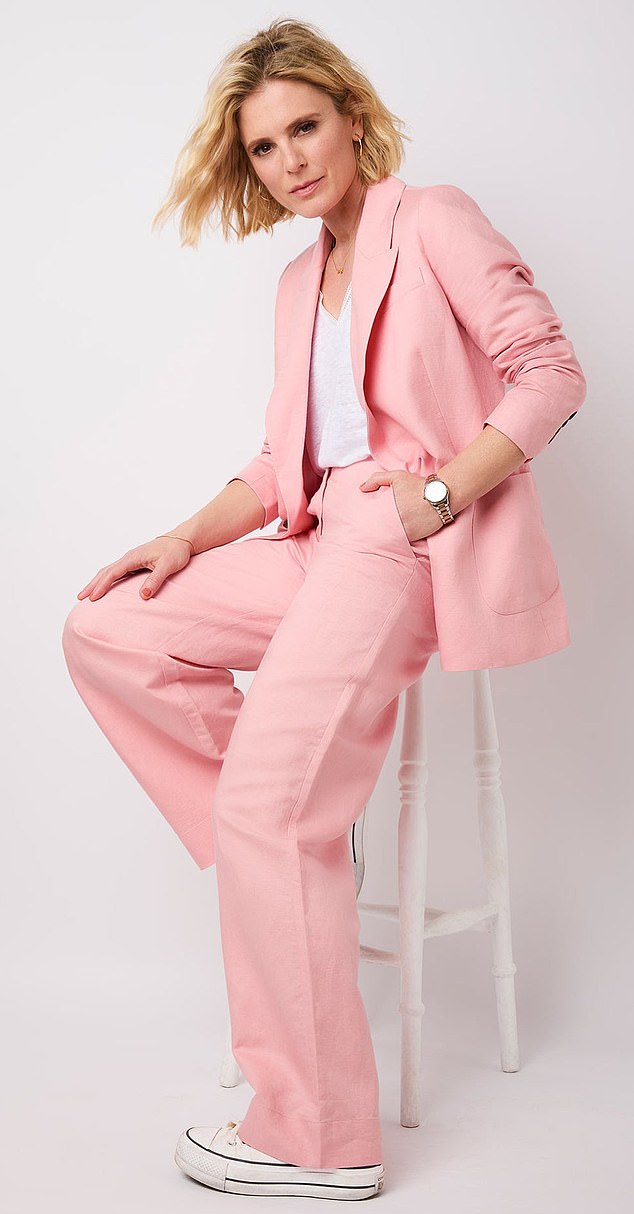 Ms Fox, 49, has made no secret of her long-standing friendship with the brand's owner, Marielle Wyse, 60, announcing in May that she had collaborated on a line selling a pink blazer (pictured) for £265 and matching accessories.  pants for €180