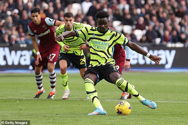 Bukayo Saka scored twice to reach the 50-goal mark for his club after he and his team 'smelled blood'.