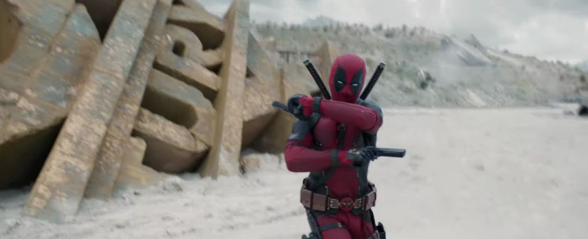 Deadpool fights for a giant 20th Century Fox logo in Deadpool & Wolverine