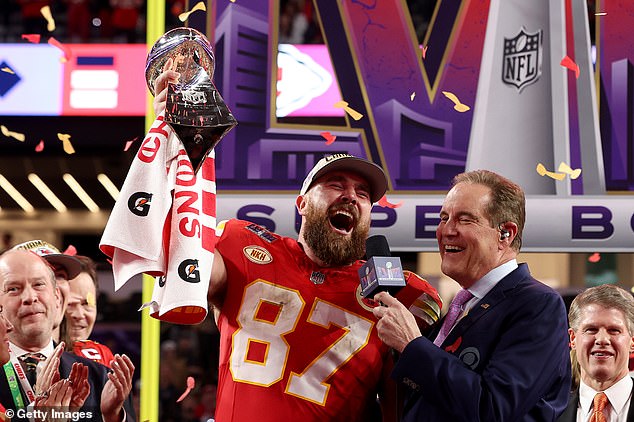 Kelce shouted “Viva Las Vegas” as he regained the Vince Lombardi Trophy