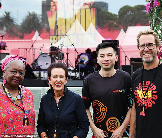 The mayor (second from left) shared photos of the Australia Day protests and an Indigenous morning ceremony.  In her caption she claims Australia Day is 'not a holiday' but a day that 'masks invasion'