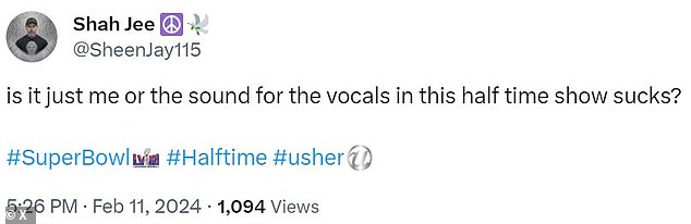 “Is it just me or is the sound of the singing in this halftime show bad,” another wrote