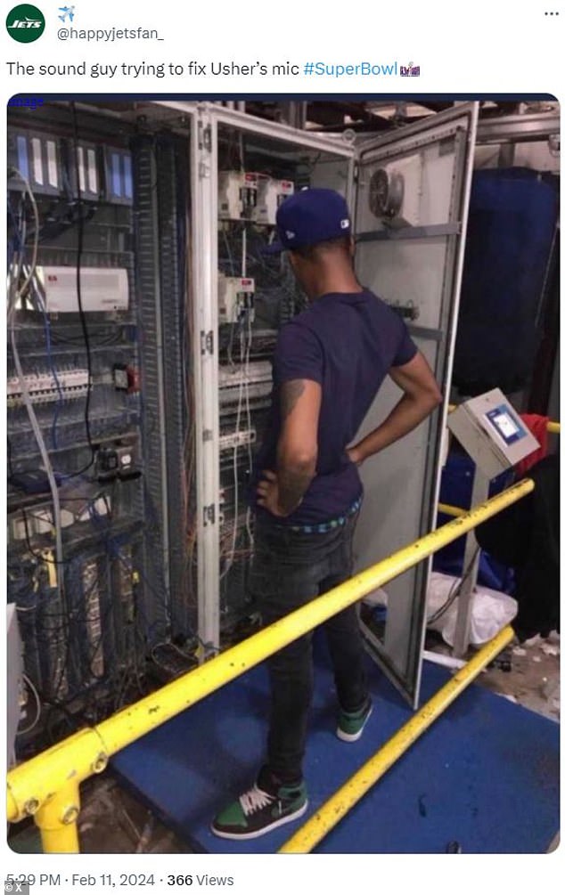 “The sound guy is trying to fix Usher's mic,” one X user tweeted alongside a photo of a man standing in front of an overwhelming collection of wires and buttons