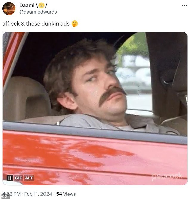 @daamieedwards added 'Affleck & these Dunkin ads' with a meme of The Office's John Krasinski leaning back in his car seat.