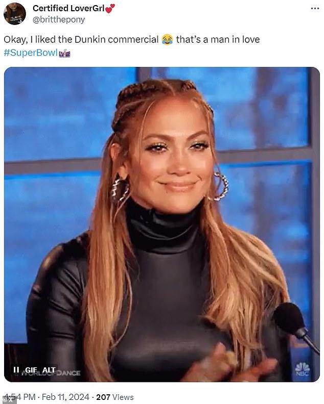 @britthepony added an image of a smiling JLo and added, “Okay, I liked the Dunkin commercial.  That's a man in love.'