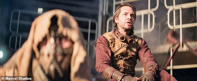 The mercenary proceeds to violently dispatch several attackers with both guns and his signature katanas, and Pyro, played by Aaron Stanford, comments, 