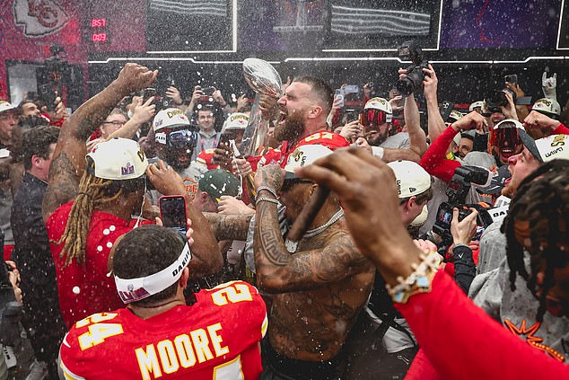 Kelce got the party started in the locker room after the Chiefs defeated the San Francisco 49ers