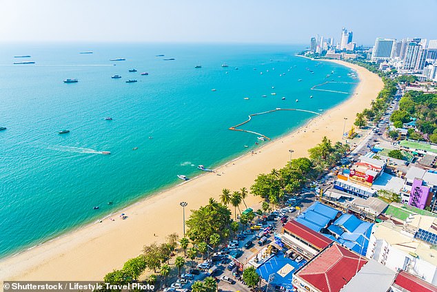 Pattaya beach, in Pattaya city, Thailand.  The city is the second most visited city in the country, after Bangkok, which is a two-hour drive north
