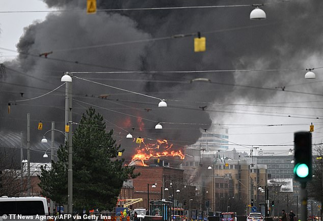 Smoke and flames rise from a building after a fire broke out at Oceana Waterworld in Liseberg amusement park in Gothenburg, Sweden on February 12, 2024