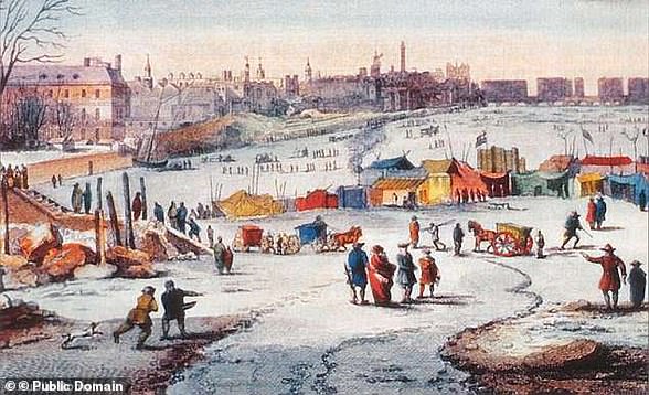 The Little Ice Age, a centuries-long cold period that lasted until about 1850. Experts believe that as the North Atlantic Ocean began to warm toward the end of the Little Ice Age, fresh water disrupted the system.  Pictured is Thames Frost Fair, 1683–84, by Thomas Wyke