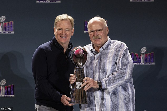 Reid is now tied with San Francisco's Bill Walsh and Washington's Joe Gibbs for Super Bowl wins (3).  Pictured with NFL Commissioner Roger Goodell