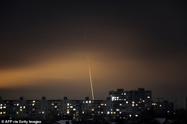 This photo, taken on January 23, 2024, shows a missile launched from Russia's Belgorod region flying towards Kharkiv, eastern Ukraine, amid Russia's invasion of Ukraine