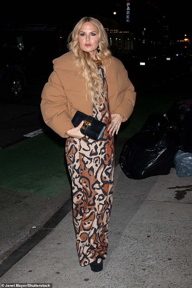 Rachel Zoe stood out in a brown, beige and black animal print dress, teamed with a more casual puffy brown jacket