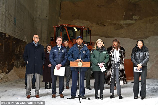 Mayor Eric Adams and senior government officials held a press conference Monday at the DSNY Spring Street Salt Shed