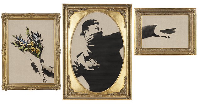 The most expensive item in John's collection is an original Banksy (pictured) called 'Flower Thrower Triptych'.  Christie's has priced the piece between $1 million and $1.5 million