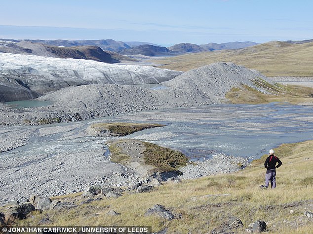 The total area of ​​ice loss – 11,000 square kilometers – is approximately the size of Albania or slightly smaller than the area of ​​Belgium and slightly larger than Wales.  Pictured is scrub at the Russell Glacier and proglacial area, near Kangerlussuaq, western Greenland