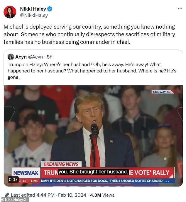 Nikki Haley slammed 2024 contender Donald Trump for having 'no business being commander in chief' after he disrespected her husband, who is a National Guard major