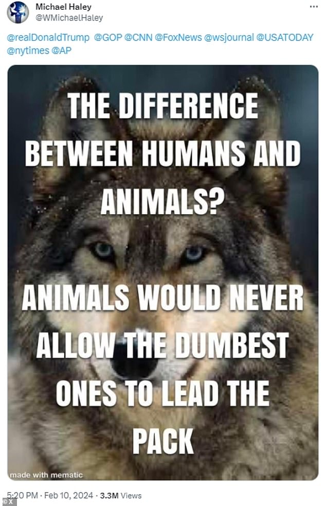 Major Haley posted a meme featuring a wolf on his X account with the message: 'The difference between humans and animals?  Animals would never allow the dumbest to lead the pack'