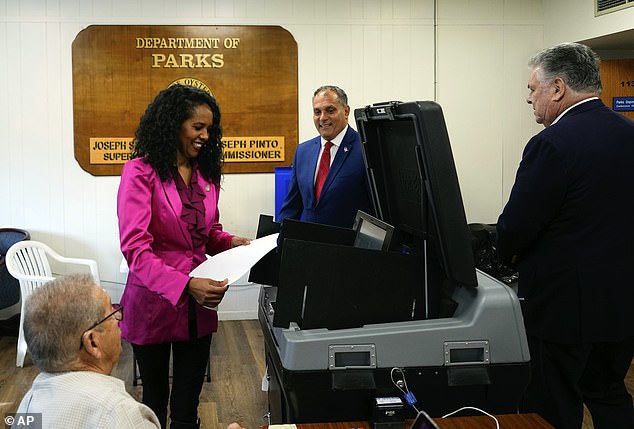 Republican Mazi Pilip casts her vote during early voting on February 9 as she campaigns for the special election for New York's Third District seat