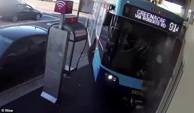 The moment of impact left the bus with a shattered windshield and the solo passenger with a bloody nose