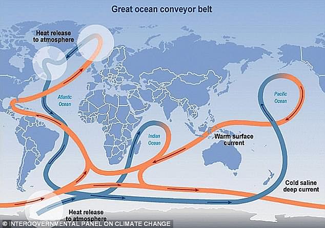 Formally known as the Atlantic Meridional Overturning Circulation (AMOC), it powers the Gulf Stream which brings warm water from the Gulf of Mexico to the northeastern US coast