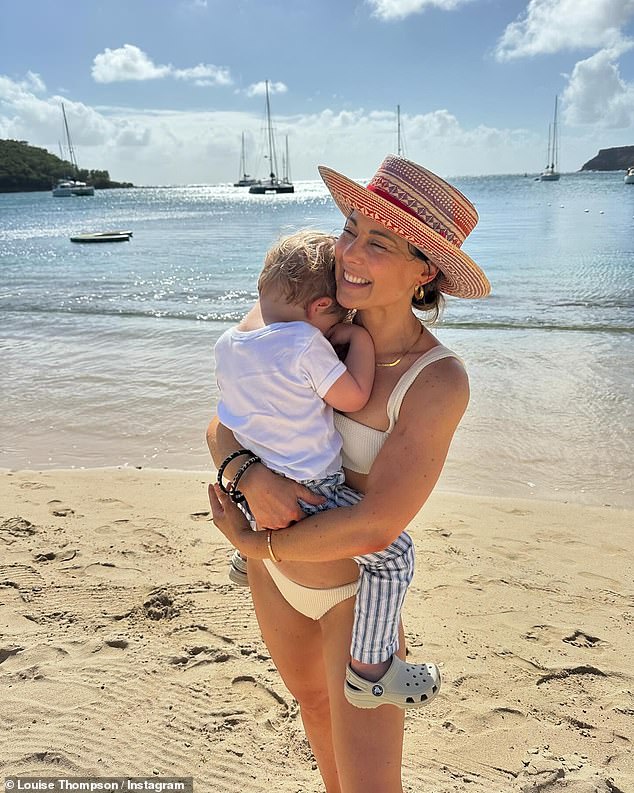 The former Made In Chelsea star was admitted to hospital in London late last month after a series of health problems since the birth of her son Leo, two (pictured in Antigua)