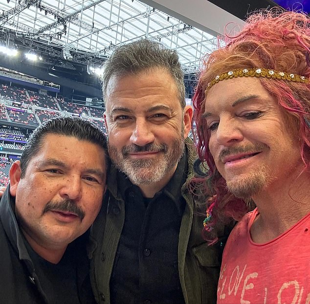 The comic attended the big game with late host Jimmy Kimmel (center) in a luxury box