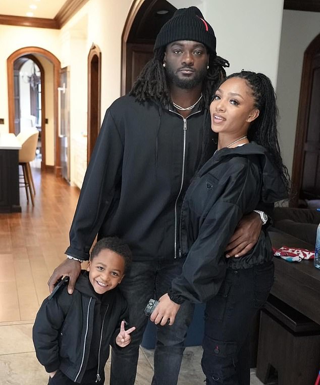 Now Searight, pictured with Aiyuk and their three-year-old son Braylon, has hinted that her boyfriend could be leaving Levi's Stadium.