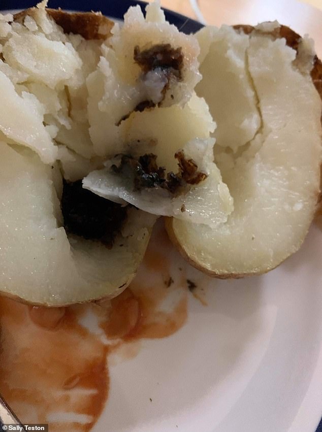 Another patient was served a rotten jacket potato while undergoing treatment for appendicitis at a North Yorkshire hospital in December 2020.  Sally Teston said the potato was 'black inside'.  The staff couldn't replace it 