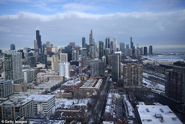 Buildings on the skyline are seen on January 17, 2024 in Chicago, Illinois.  Only one groundbreaking office construction project took place in Chicago last year