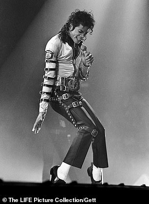 Jaafar, 27, showed off his late uncle's signature dance moves as he posed on his toes, wearing a black hat, suit and white top;  Michael pictured in 1988