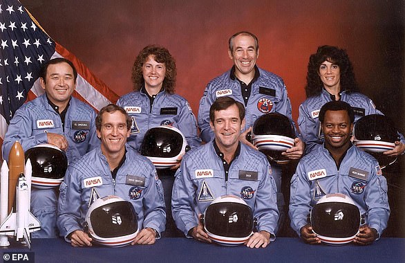 Crew of the Space Shuttle Challenger, which exploded on January 28, 1986: (L-R, front row) astronauts Mike Smith, Dick Scobee, Ron McNair and (L-R, back row) Ellison Onizuka, teacher Christa McAuliffe, Greg Jarvis and Judith Resnik