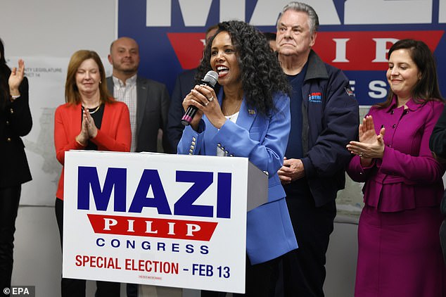 Pilip speaks at a rally on the eve of the special election, surrounded by New York Republicans, including House Republican Conference Chairwoman Elise Stefanik (far right)