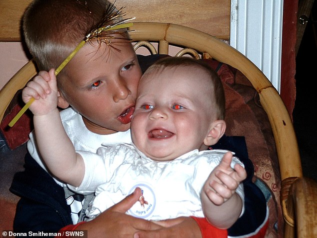 Donna said the family has always been “really close” – and Jordan was especially close to his sister, Alisha, 20 (Jordan pictured with sister Alisha when they were kids)