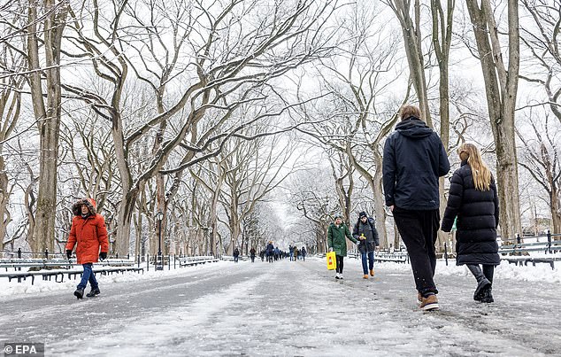 People walk through the Mall on Tuesday as snow falls in Central Park, New York City