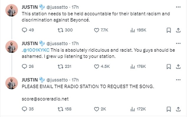 Justin tagged Beyoncé Legion at the end of his tweet, Beyoncé's biggest fan club, and wrote a thread accusing the channel of racism and encouraging his fellow fans to email the channel as well