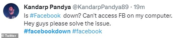 One user tweeted: 'Is Facebook offline?  I can't access FB on my computer.  Hello guys, solve the problem'