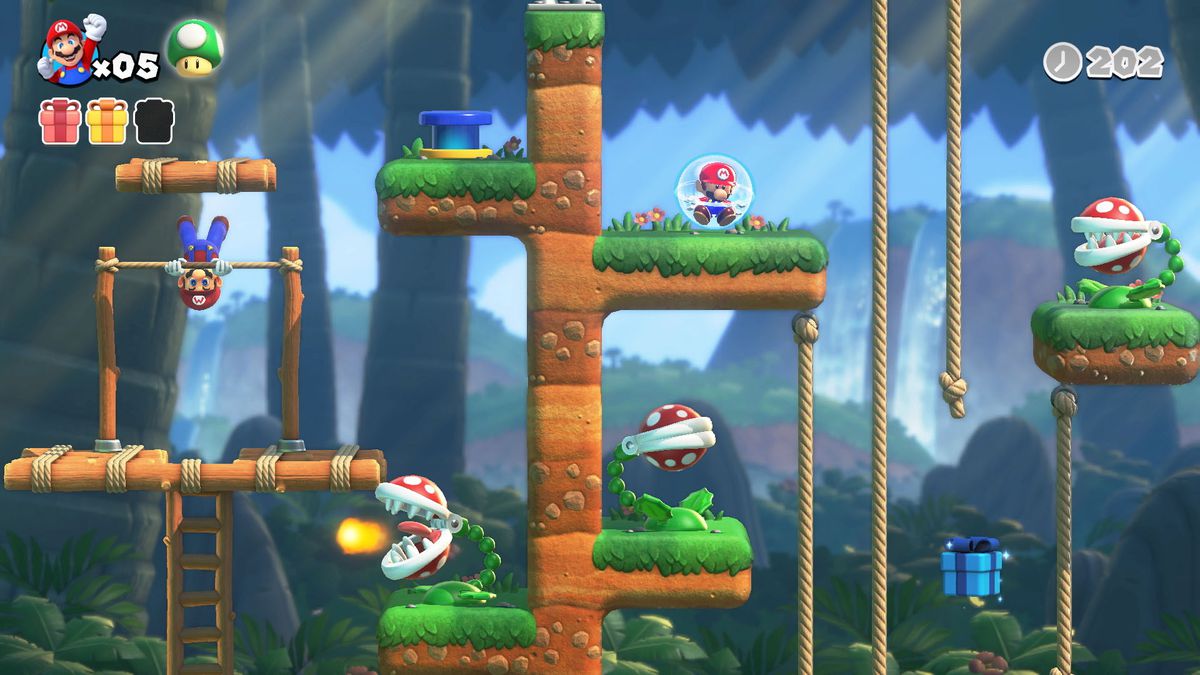 Mario spins on a high beam in a jungle level full of Pirhana plants