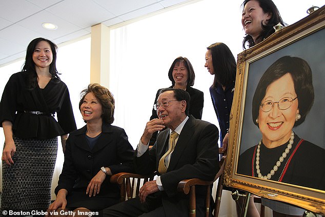 The Chao Family: On the far left is Angela, who died in the car accident.  In the back row are Christine, May and Grace.  Sitting next to her father James SC Chao is the Honorable Elaine L. Chao, United States Secretary of Labor from 2001 to 2009 and the first Asian American woman ever appointed to the President's Cabinet in American history.  James SC Chao sits next to the portrait of his late wife