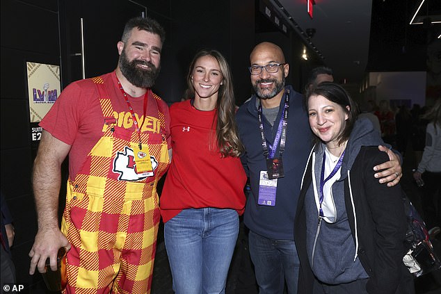 The Philadelphia Eagles veteran – pictured with Kylie, Keegan-Michael Key and Elle Key – wore a Kansas City-themed jumpsuit to the game, but his wife declined to represent the Chiefs