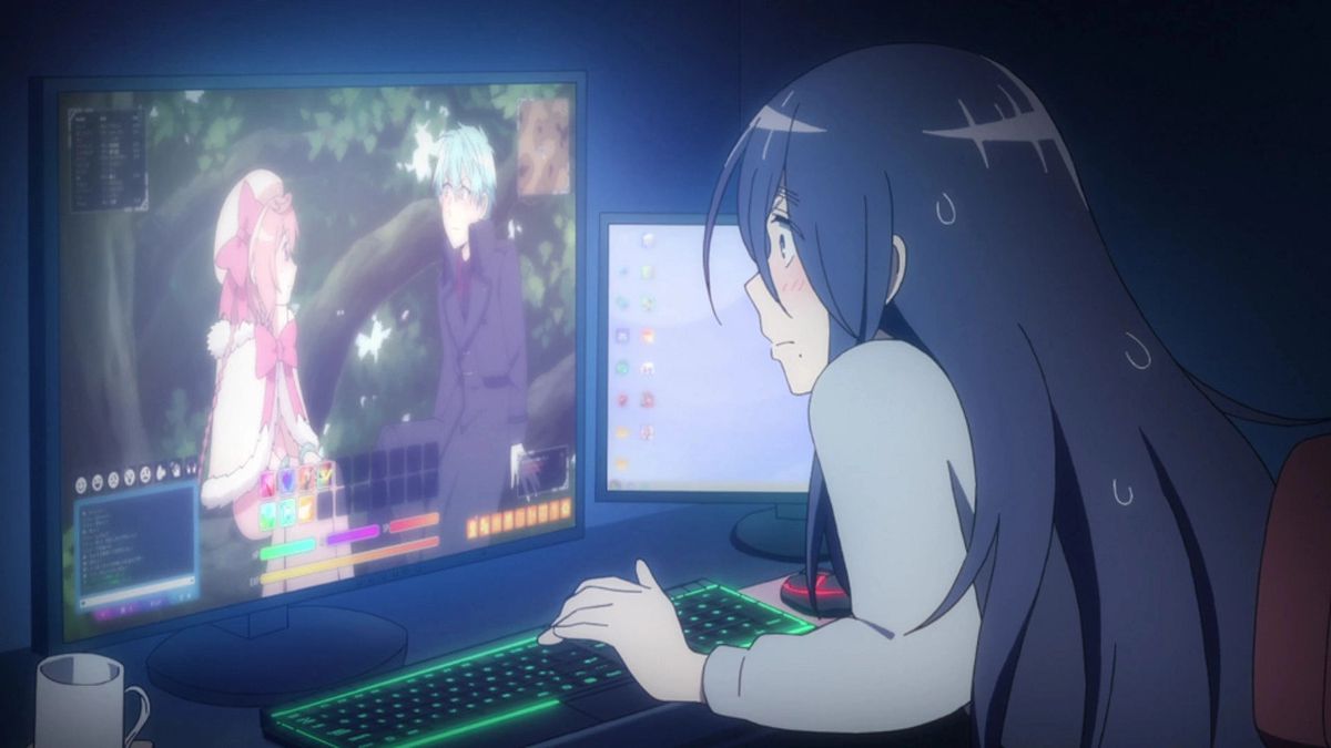 A dark-haired woman watches two video game characters share an intimate moment on screen