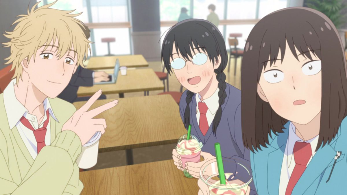 (L-R) A blonde-haired anime boy (Sosuke), a black-haired anime girl with pigtails and glasses (Makoto), and a brown-haired anime girl (Mitsumi) stare ahead at their photo being taken in Skip and Loafer.