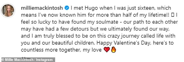 Millie wrote: 'I met Hugo when I was only sixteen, which means I've known him for over half my life now!!  I feel so lucky to have found my soulmate'