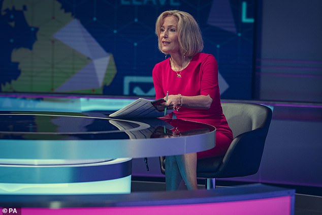 Gillian Anderson as Emily Maitlis in a mock Newsnight studio for the Netflix drama