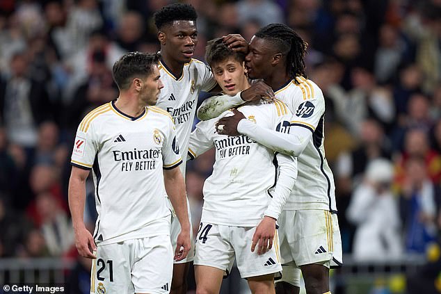 Mbappe would team up with his French teammates Tchouameni and Eduardo Camavinga (right) if he moves to Madrid