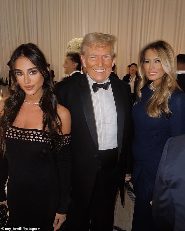 'Without your guidance, kindness and warmth, I would not be the man I am today.  You will always mean the world to me, Melania!'  Trump tells her.  Here, the former first lady smiles next to her husband and an Israeli model at a lavish event, after missing many public appearances while dealing with the death of her mother