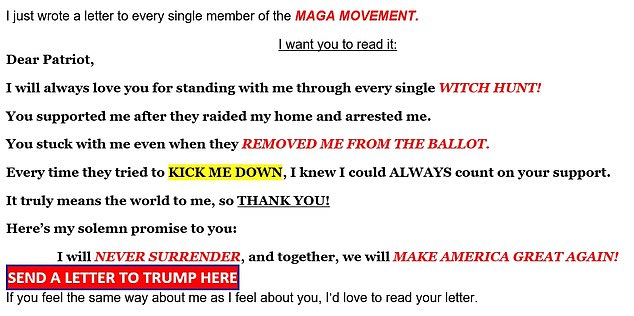 Trump also wrote to MAGA members asking them to write him a letter