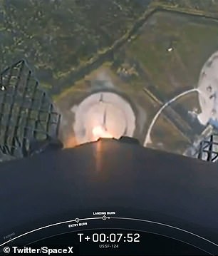 The Falcon 9 first stage booster landed eight minutes after launch